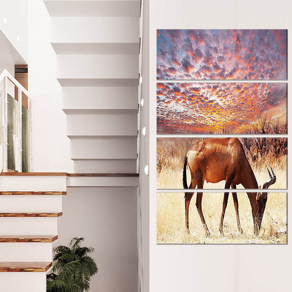 Antelope in Bush under Dramatic Sky, Landscape Canvas Print, 28"x48", 4 Panels