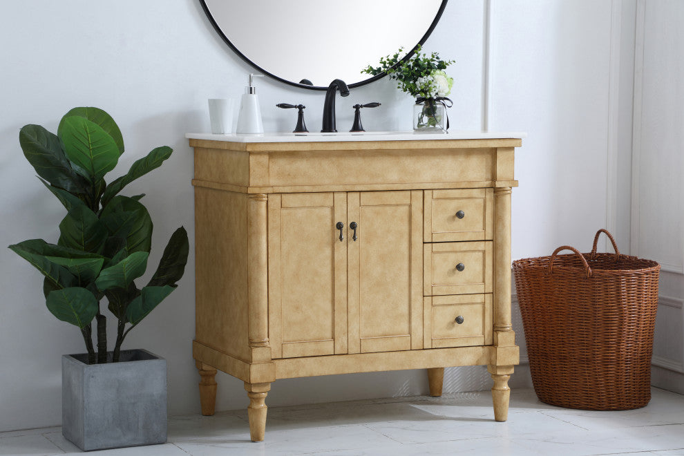 36" Single Bathroom Vanity, Antique Beige With Ivory White Engineered Marble