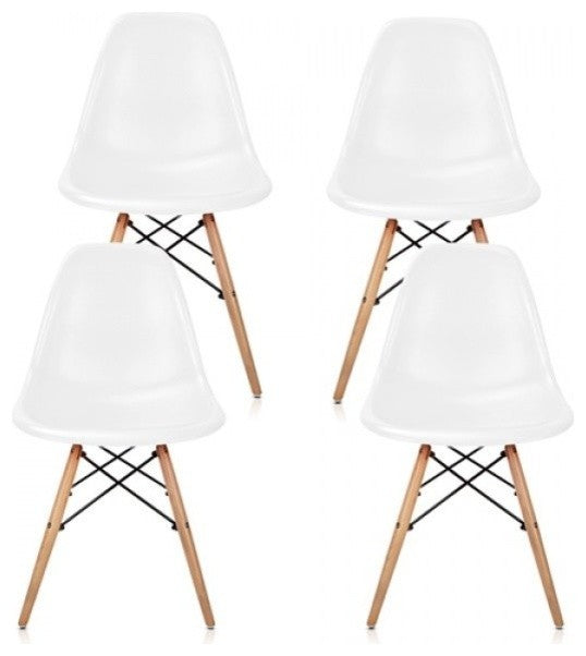 White DSW Midcentury Dining Shell Chairs, Beech Wood Eiffel Legs, Set of 4