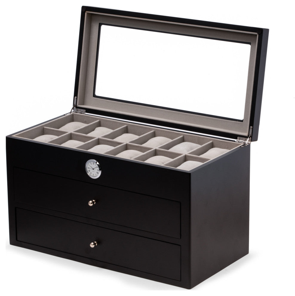 Black Wood 36 Watch Box, Quartz Movement Clock