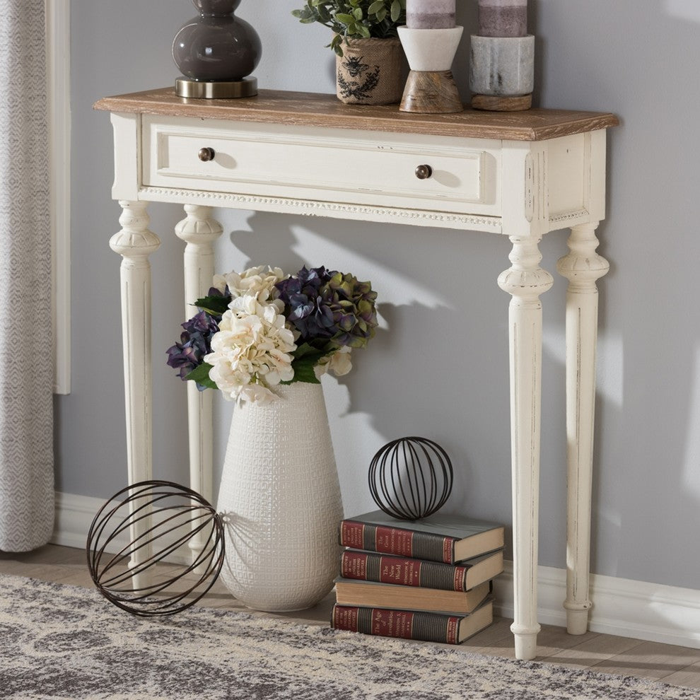 Marquetterie Weathered Oak and White Wash Distressed Finish Wood Console Table