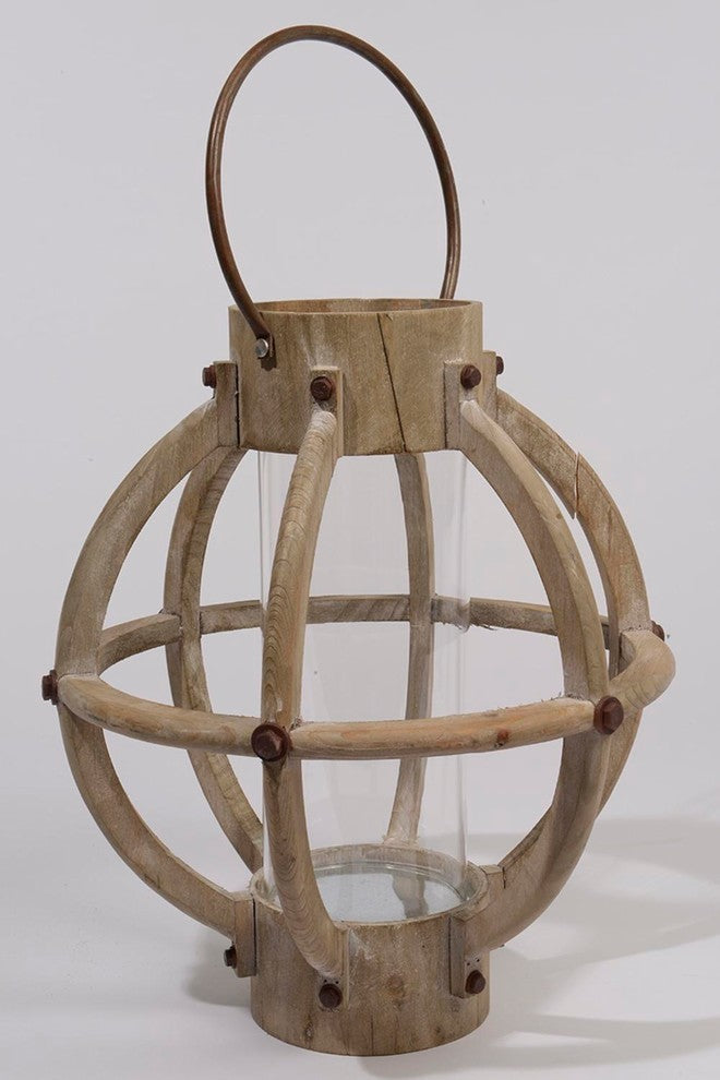 15.75" Chic Drift Wood and Hurricane Pillar Candle Lantern
