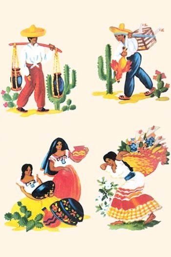 Four Scenes of Life in Mexico - Fine Art Giclee Print 24" x 36"