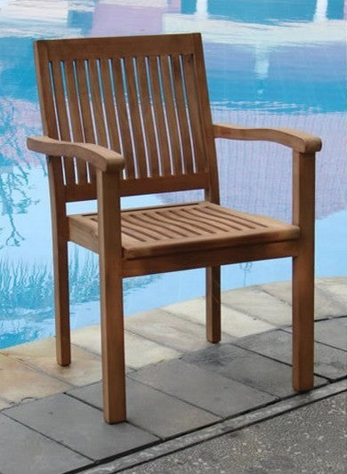 7-Piece Outdoor Teak Dining Set, 69" Table, 6 Leveb Stacking Arm Chairs