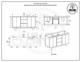Madison Teak 60" Double Bath Vanity in Light Natural 2" Pearl Gray