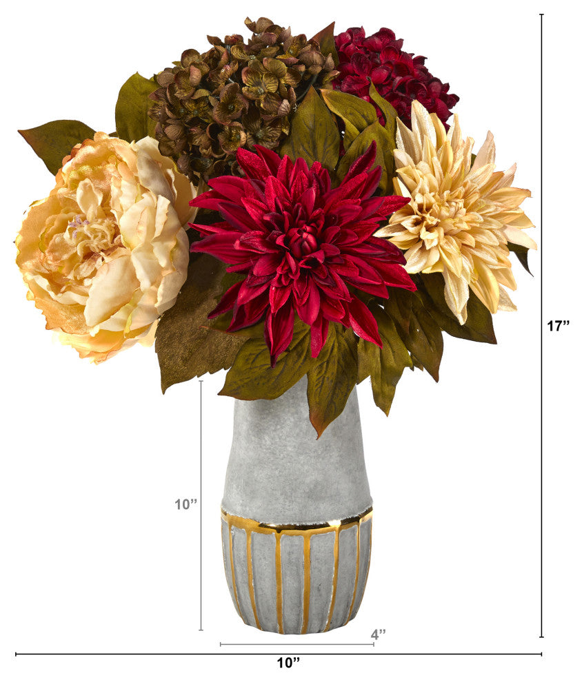 17" Peony, Hydrangea & Dahlia Faux Arrangement, Stoneware Vase W/ Gold Trimming