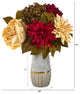 17" Peony, Hydrangea & Dahlia Faux Arrangement, Stoneware Vase W/ Gold Trimming