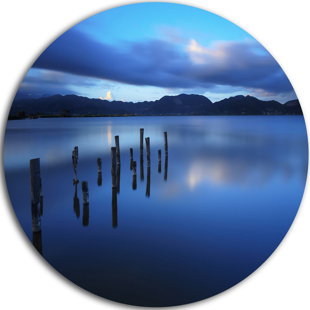 Dark Blue Sea With Pier Remains, Seascape Photo Disc Metal Artwork, 11"
