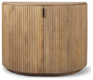 Front curved cabinet with doors closed on white background; full front view.