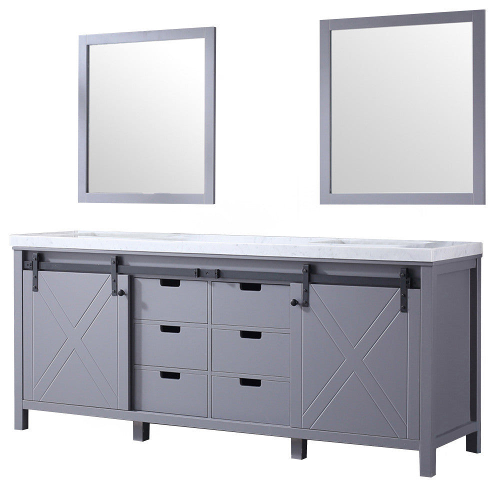 Marsyas 80" Dark Gray Double Vanity Carrara Marble Top Sinks, 30" Wall Mirrors