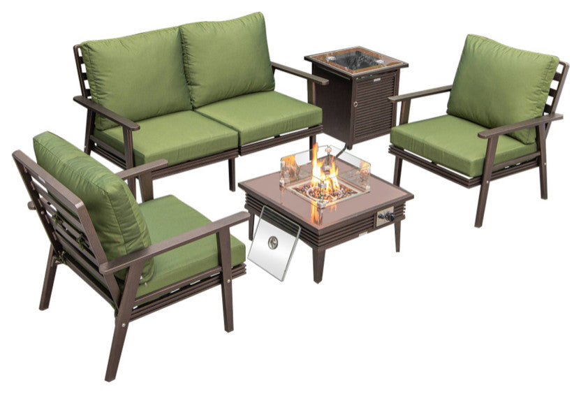 LeisureMod Walbrooke Patio Conversation Set With Fire Pit Table, Green