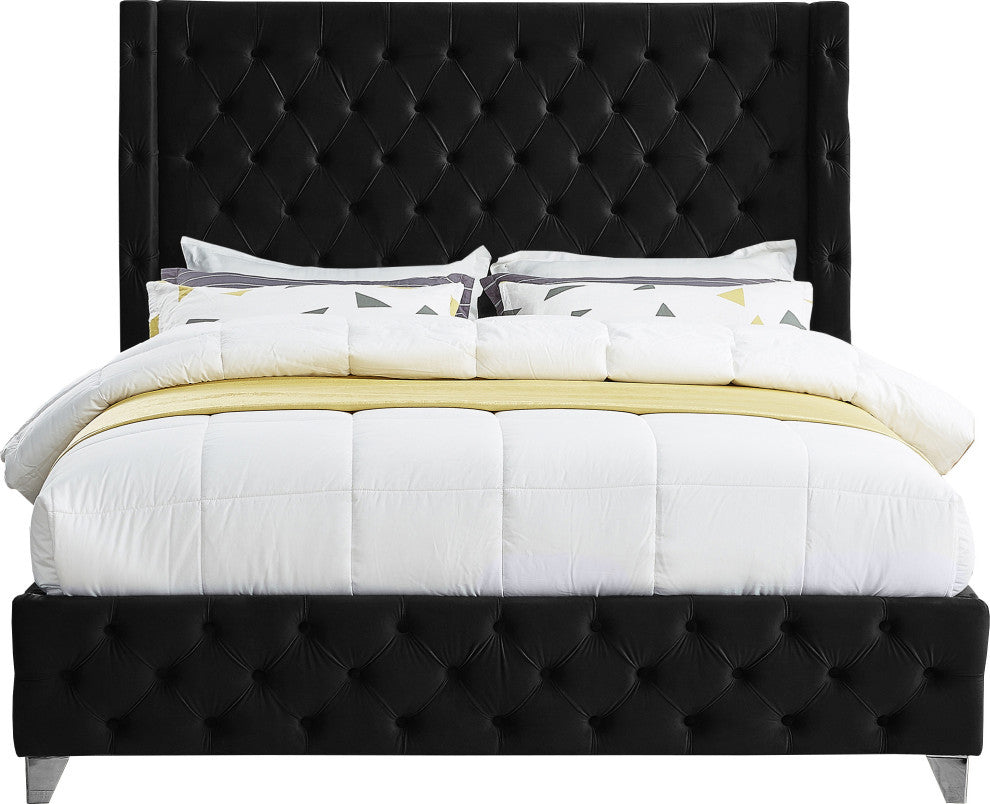 Savan Velvet Upholstered Bed, Black, Full