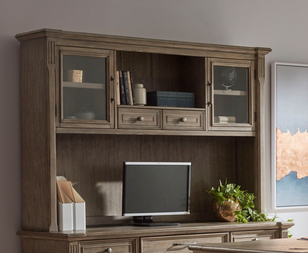 Traditional Wood Hutch With Glass Doors Fully Assembled Light Brown