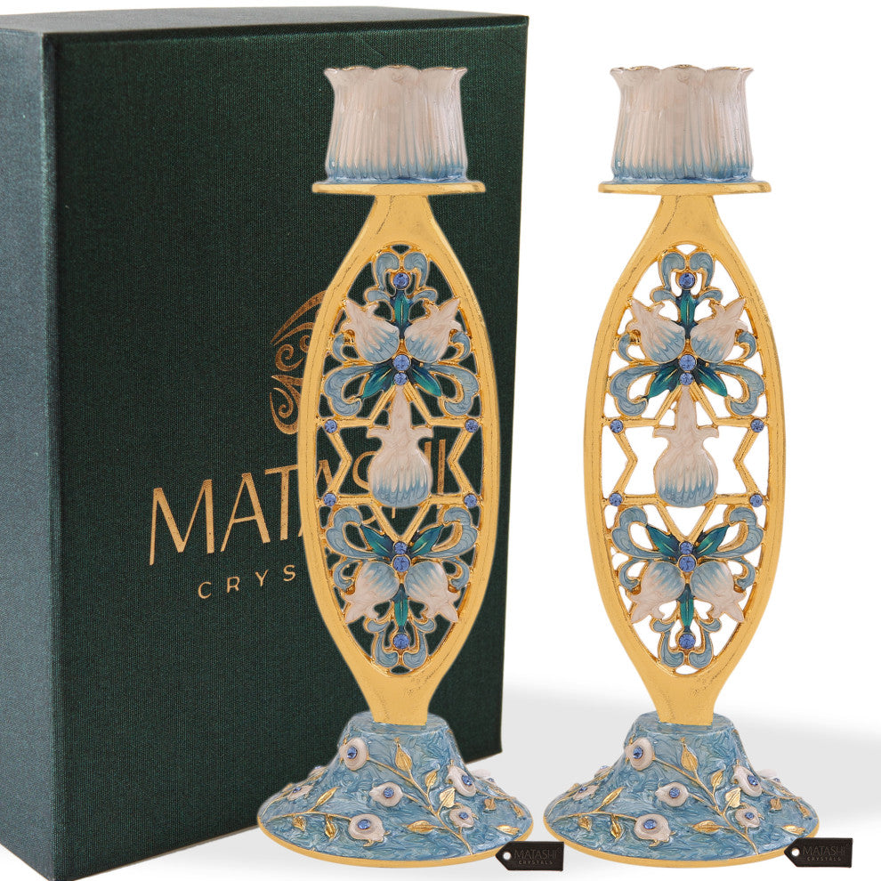 Matashi Shabbat Candlestick Holder (2-Piece Set) Hand-Painted Gold-Plated Pewter