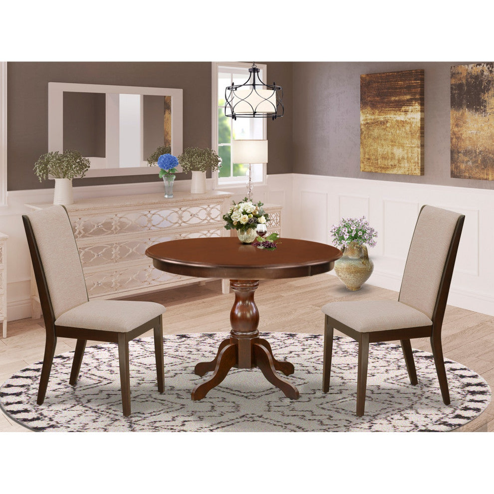 3 Pc Dining Set, Mahogany Breakfast Table, 2 Light Tan and Chairs, High Back
