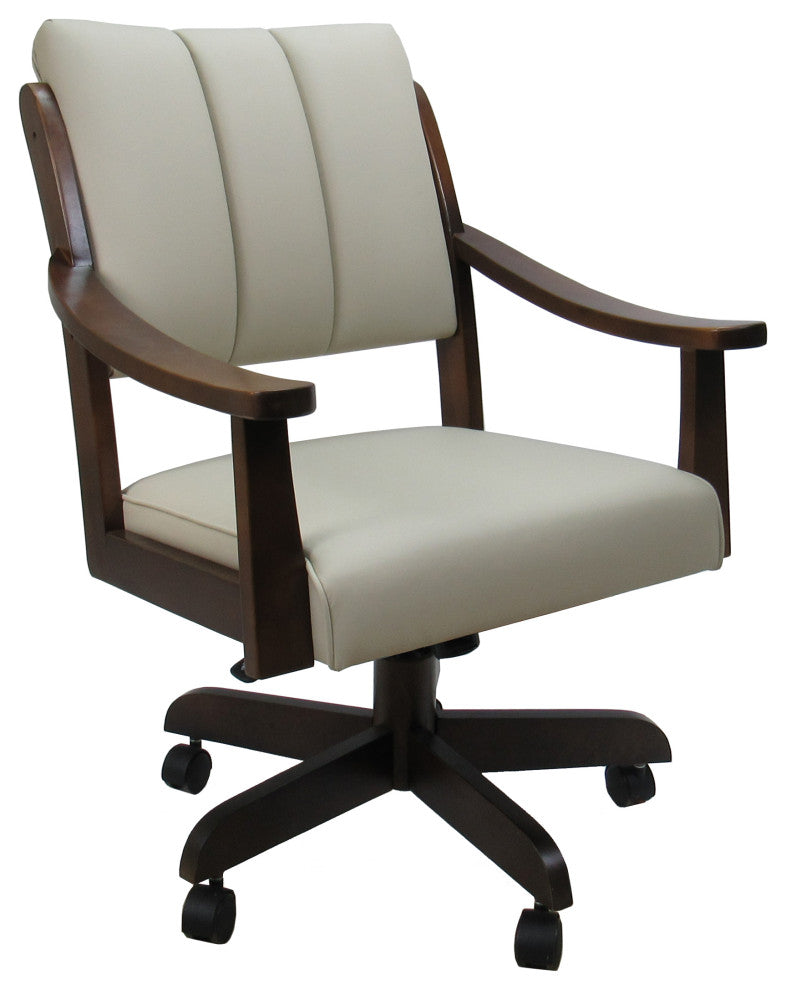 Swivel Wood Dining Caster Chair with Wheels - Casa, Ocean Beige Vinyl, Brown Honey