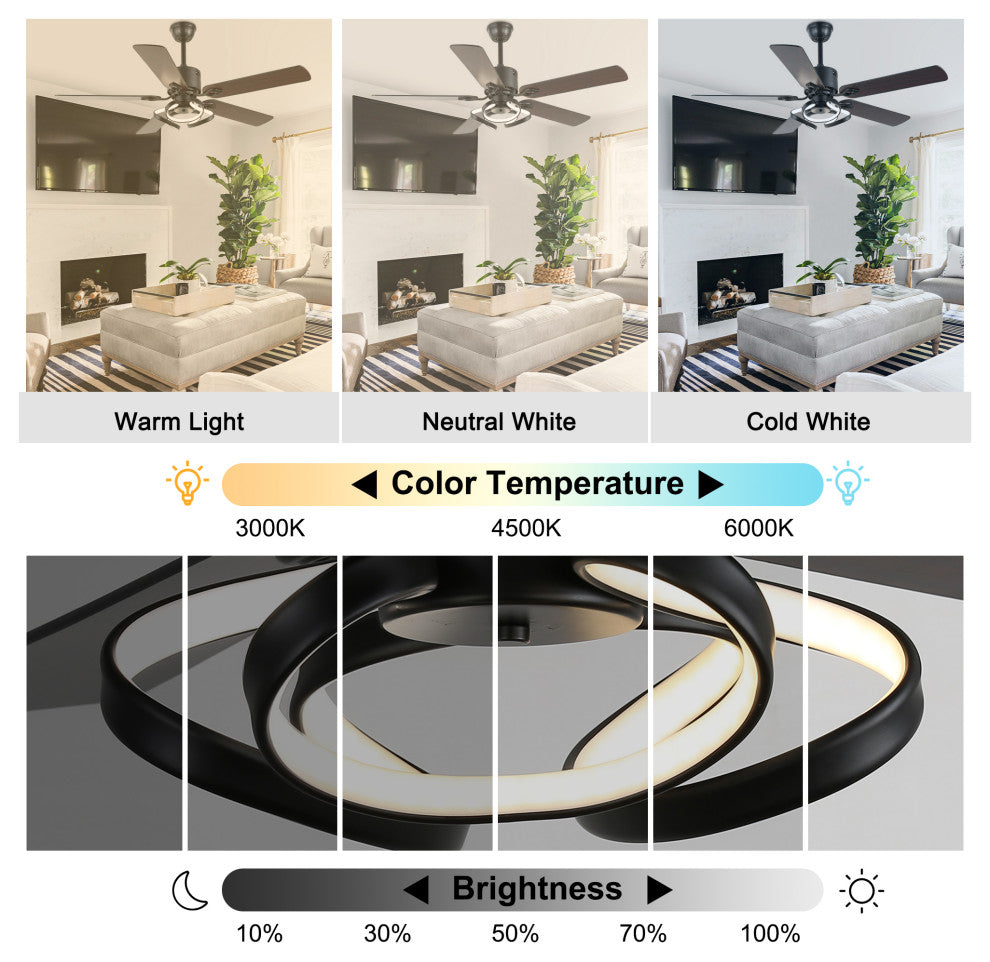 52" Modern Ceiling Fan with 5 Reversible Blades, Remote and LED Light, Black
