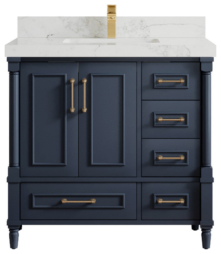 Aberdeen 36 Center Sink Bath Vanity in Hale Navy Blue  2" Calacatta Nuvo