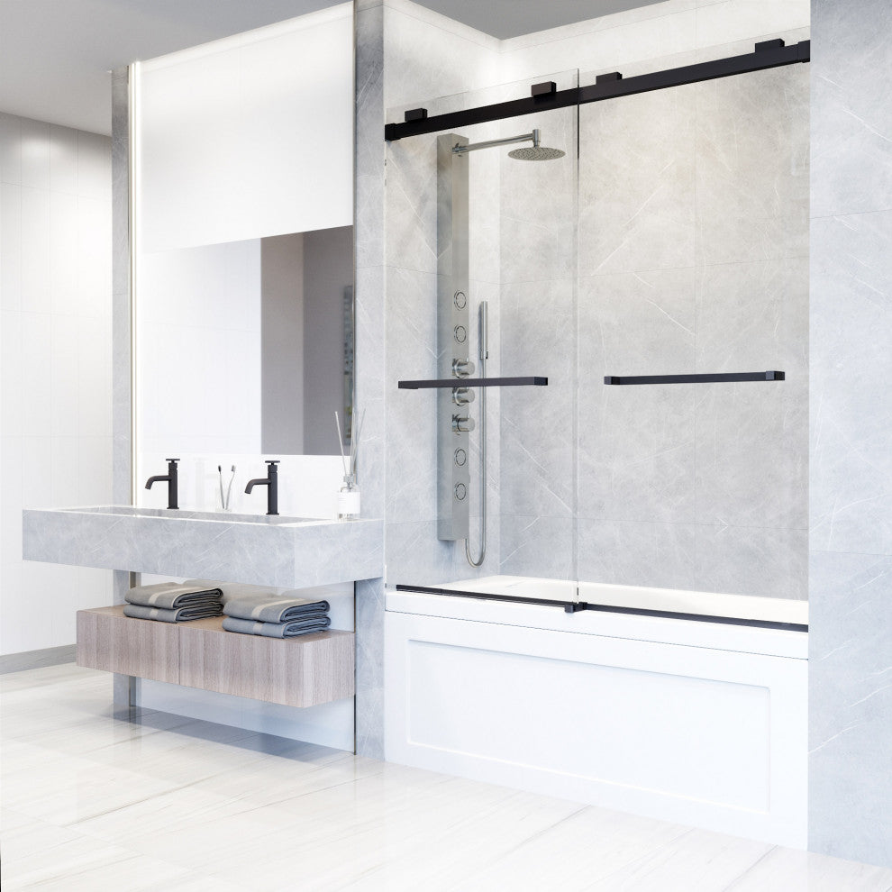 VIGO Houston Frameless Sliding, V-Motion, Matte Black, Tub Door, 56" to 60" W X 66" H, Clear Glass