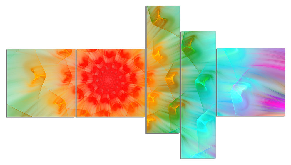 Red Fractal Petals Dandelion, Floral Canvas Art Print, 60"x32", 5 panels