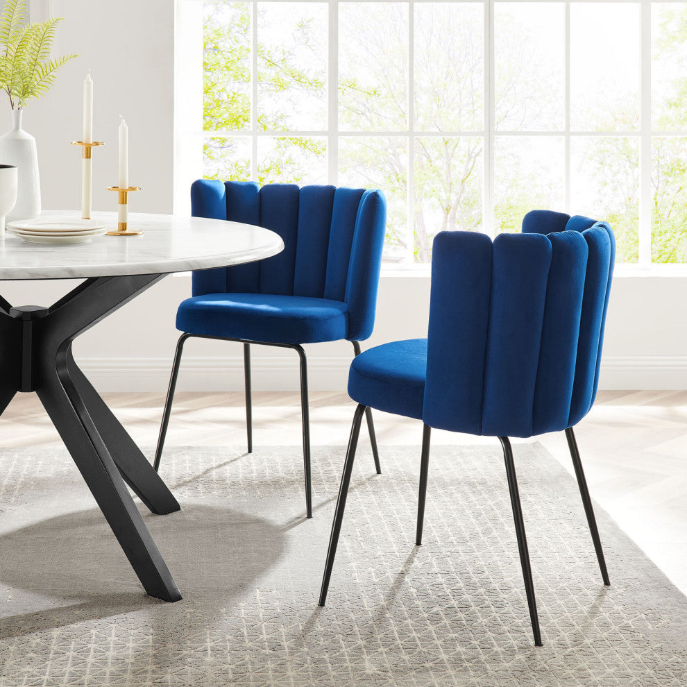 Dining Chair, Set of 2, Black Blue Navy, Velvet, Modern Cafe Bistro Hospitality