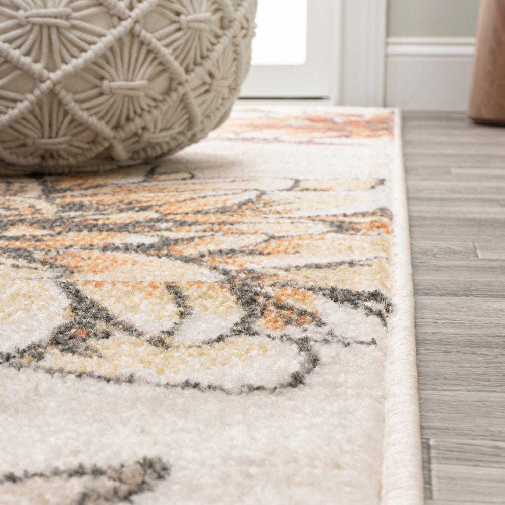 Giglio Modern Botanical Flower Area Rug, Orange/Blue/Cream, 5 X 8