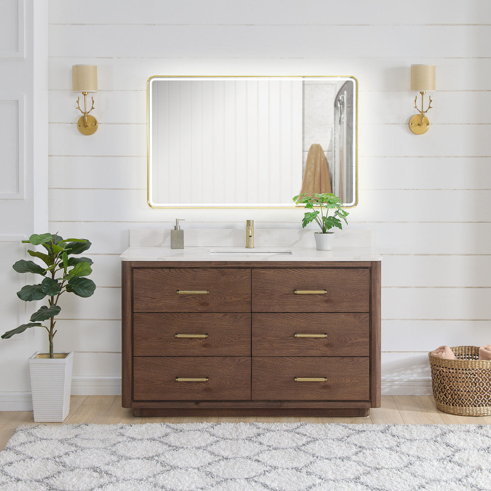 Porto Bath Vanity with White Quartz Stone Top, Dark Brown Oak, 55 in., No Mirror