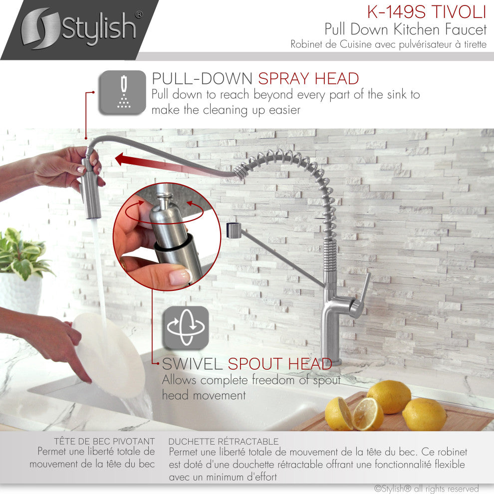 STYLISH Single Handle Pull-Down Dual Mode Kitchen Faucet Stainless Steel Brushed