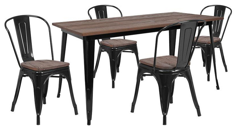 30.25" x 60" Black Metal Table Set with Wood Top and 4 Stack Chairs