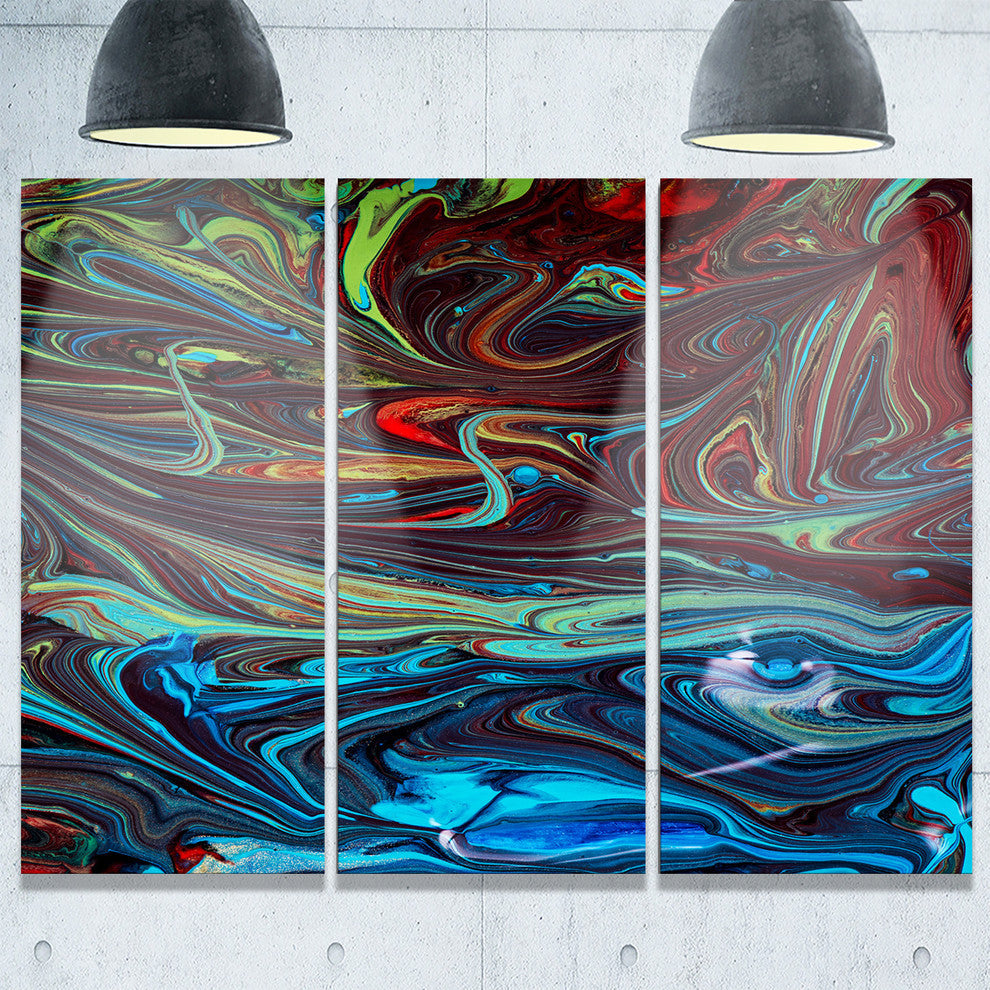 "Red Blue Abstract Acrylic Paint Mix" Metal Wall Art, 3 Panels, 36"x28"