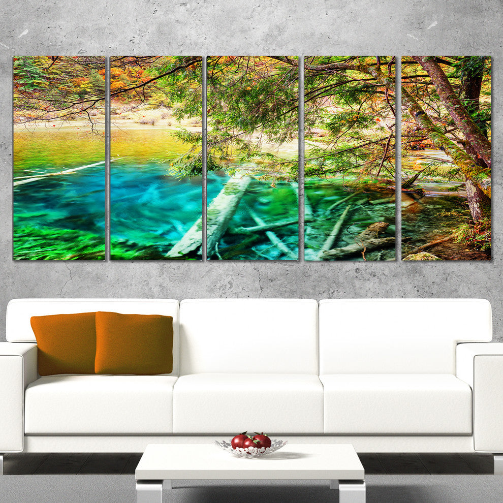 Colorful Lake with Tree Trunks, Landscape Canvas Wall Art, 60"x28", 5 Panels