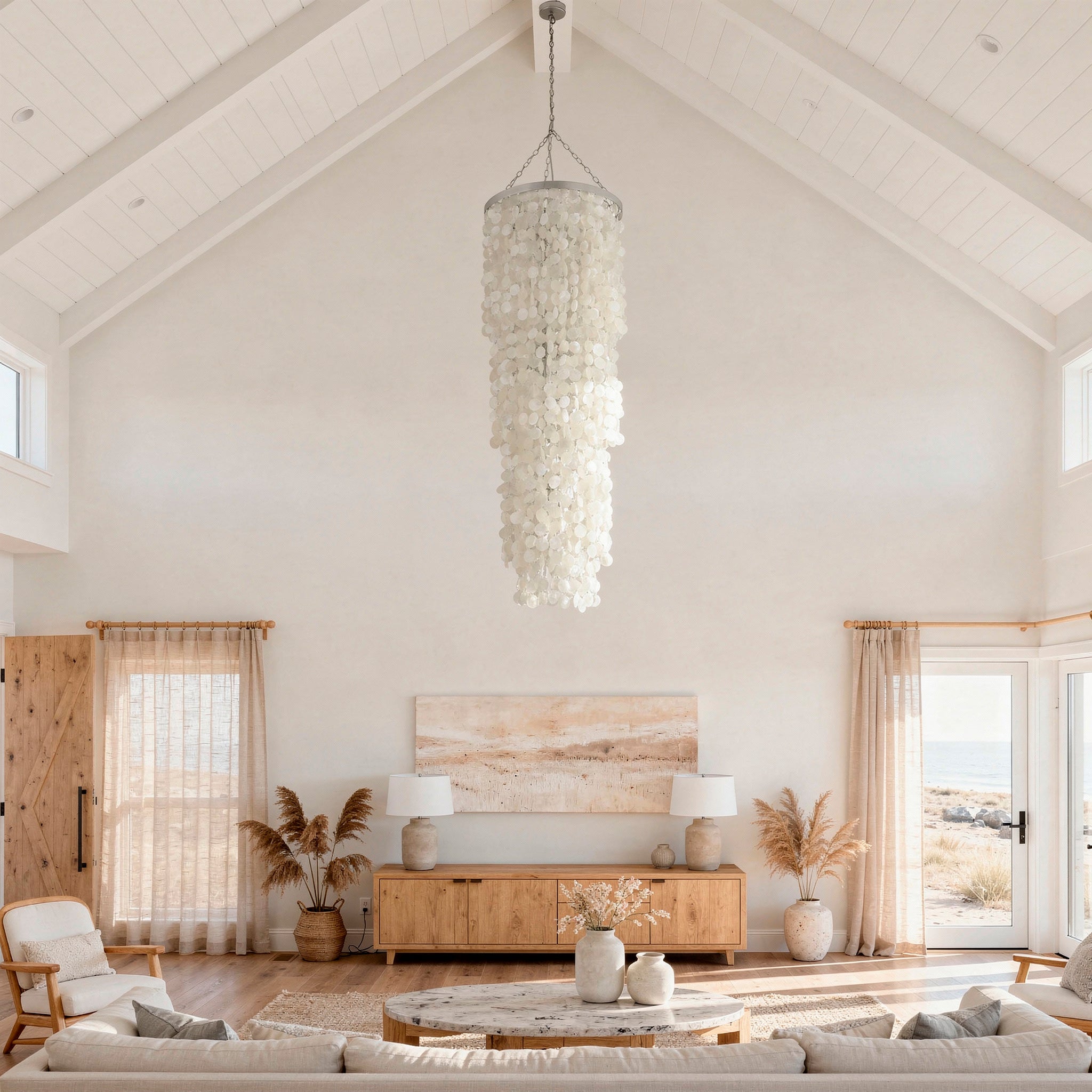 Round King Size Chandelier With Round Capiz Seashells, Natural White