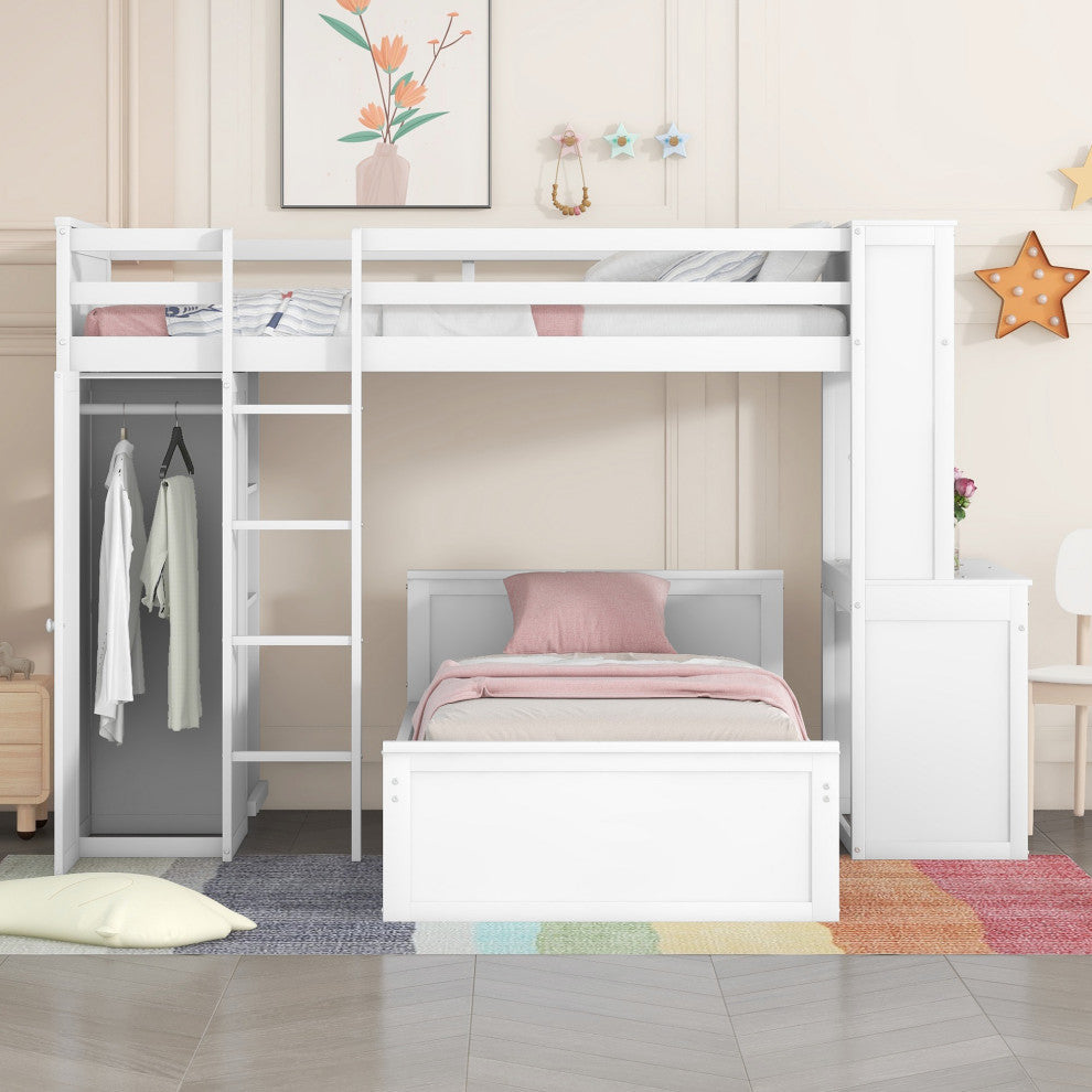 Gewnee Wood Twin size Loft Bed with Platform Bed and Wardrobe in White