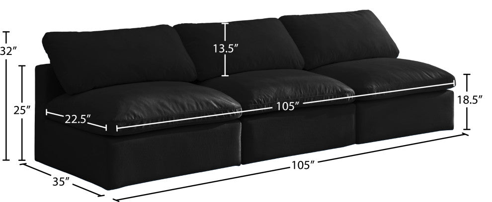 Plush Velvet / Down Standard Comfort Modular Sofa, Black, 3-Piece: 3 Armless Chair