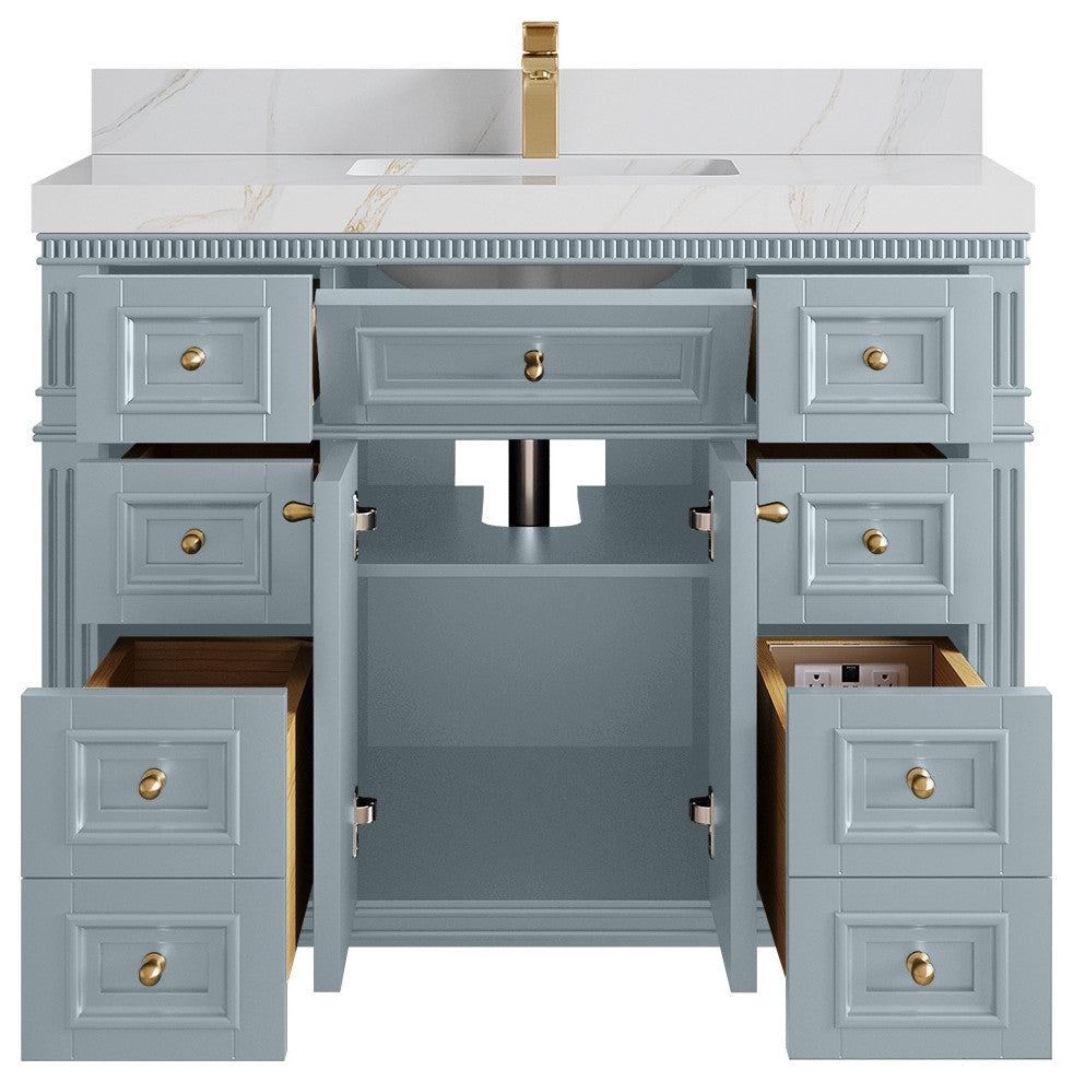 Paris 42" Single Sink Bathroom Vanity, Blue Heather 2" Calacatta Sienna