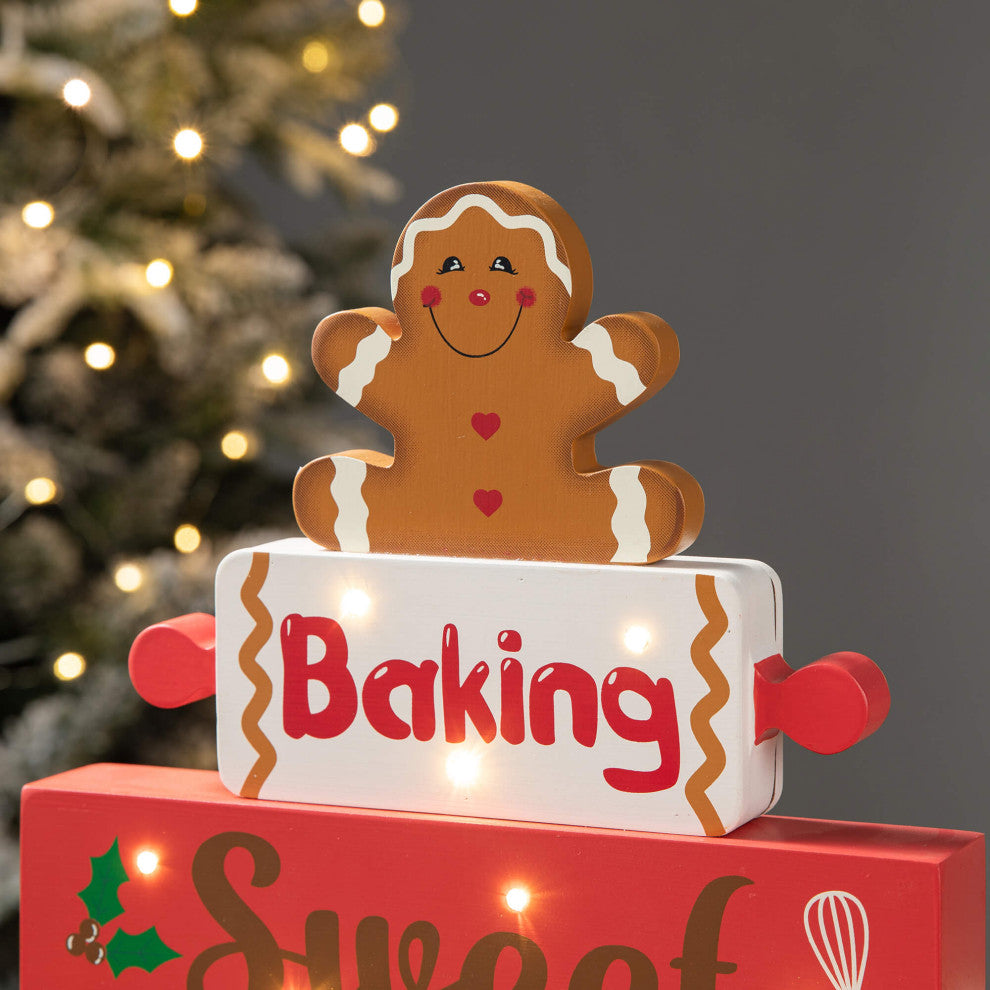 12"H Lighted Wooden Christmas Block Table Decor, Gingerbread Man