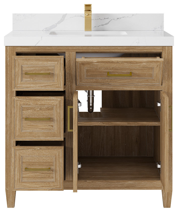 Santa Monica 36 Center Sink Bath Vanity in Whitewashed Teak 2" Calacatta Laza