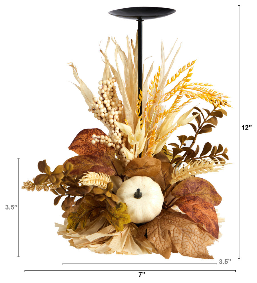 12" Autumn Harvest and Pumpkin Fall Candle Holder