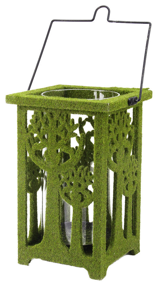Moss Covered Tree Cut-Out Pillar Candle Lantern, Green, 13.75"