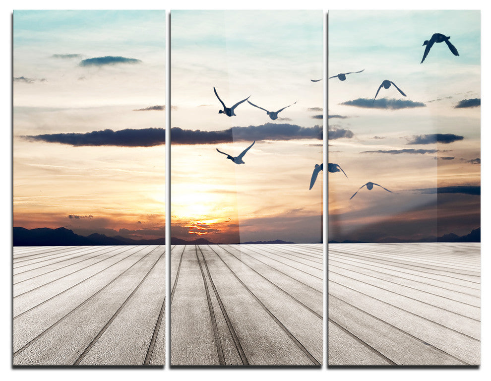 "Wooden Floor Sunset" Metal Wall Art, 3 Panels, 36"x28"