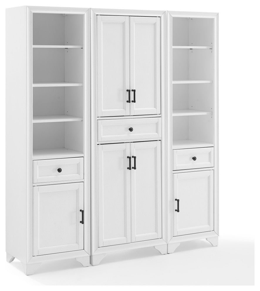 Tara 3-Piece Pantry Set, Distressed White Pantry and 2 Linen Cabinets