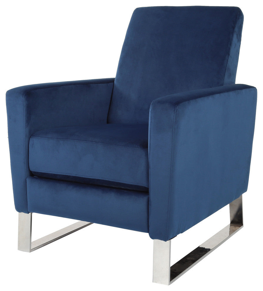 Arvin Velvet Push Back High Leg Recliner With Stainless Steel Legs, Cobalt