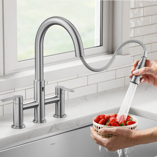 KRAUS Oletto Touchless Sensor Bridge Kitchen Faucet w Pulldown Sprayhead SFS