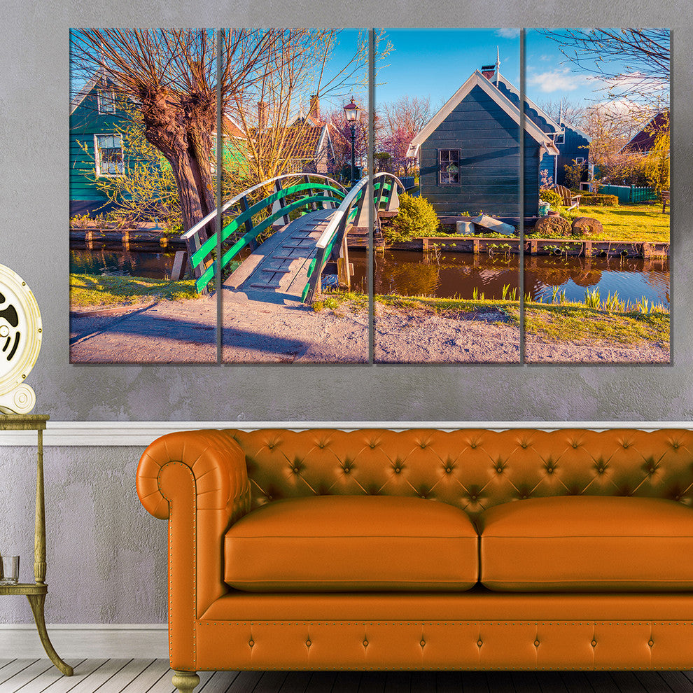 Dutch Buildings in Zaanstad Village, Landscape Canvas Print, 48"x28", 4 Panels