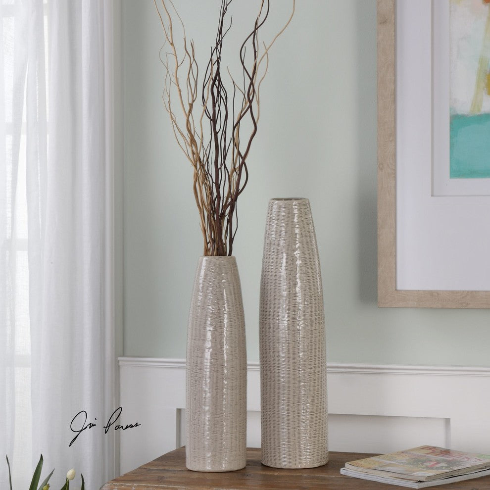 Tall Taupe Beige Vases, 2-Piece Set, Textured Ceramic Elegant Floor Table