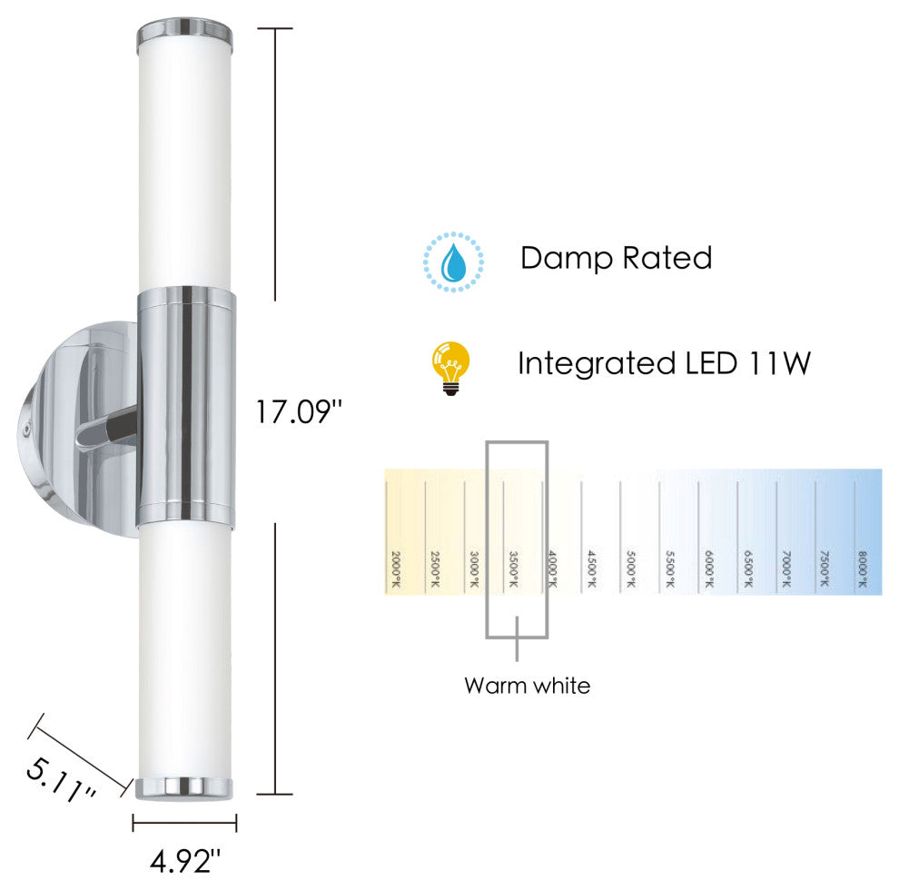1x11W LED Vanity Wall Light, Chrome Finish, Opal Glass