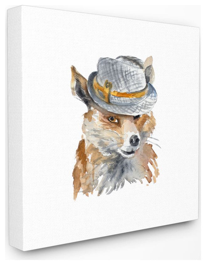 Funny Hat Fashion Fo"x Animal Watercolor Painting, 24"x24"