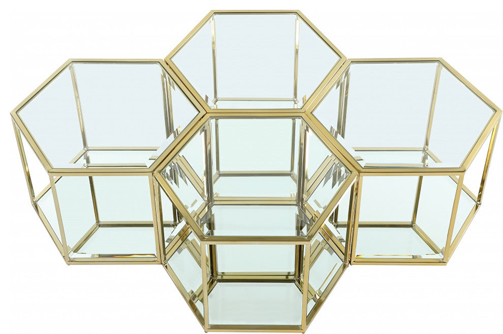 Sei Glass Top Coffee Table With Mirrored Base, Gold, 4-Piece