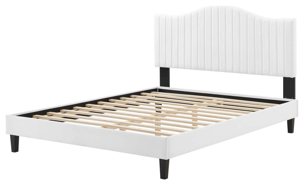Tufted Platform Bed Frame, Queen Size, Velvet, White, Modern Contemporary