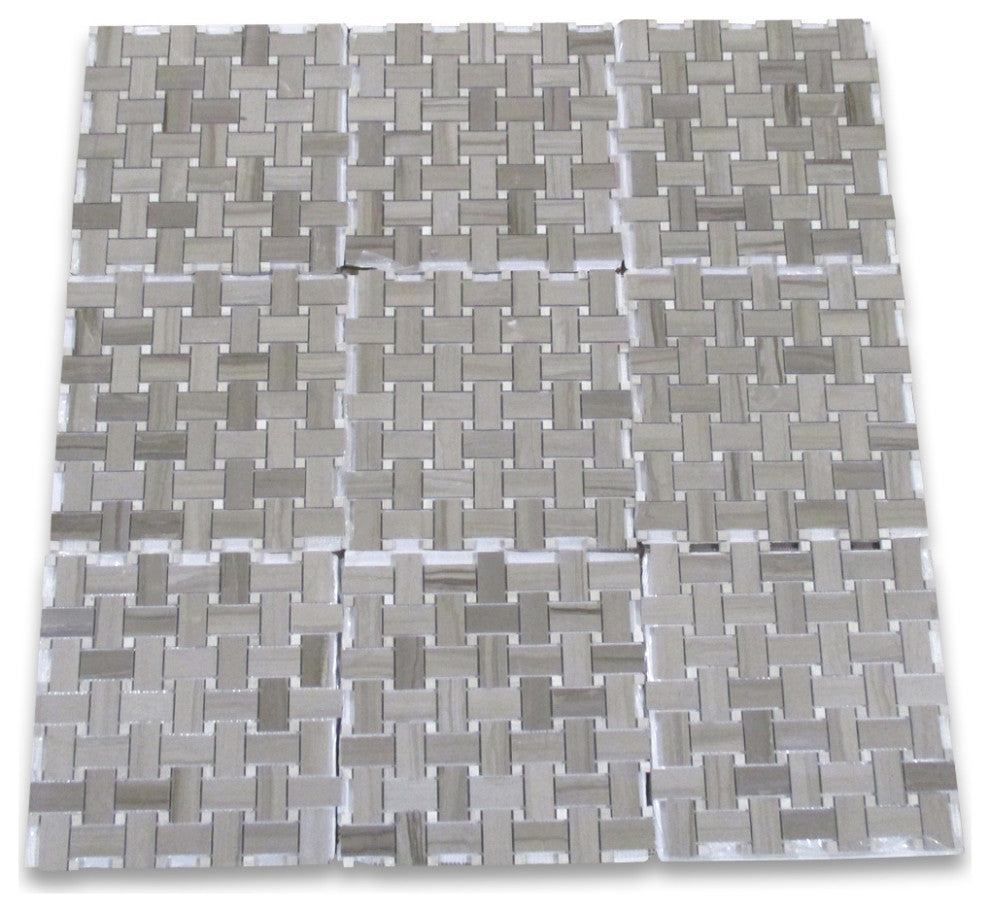 Basketweave Athens Grey Wooden Marble Mosaic Tile Haisa Dark Polished, 1 sheet